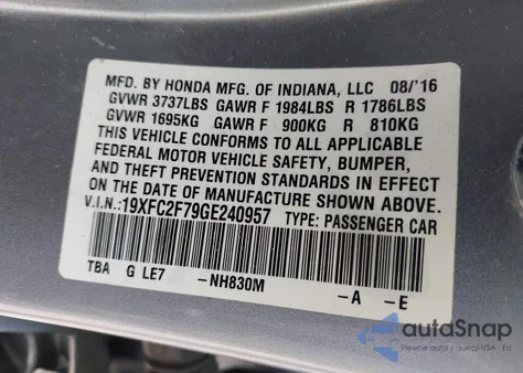 2016 Honda Civic Ex from USA, damaged, VIN 19XFC2F79GE240957